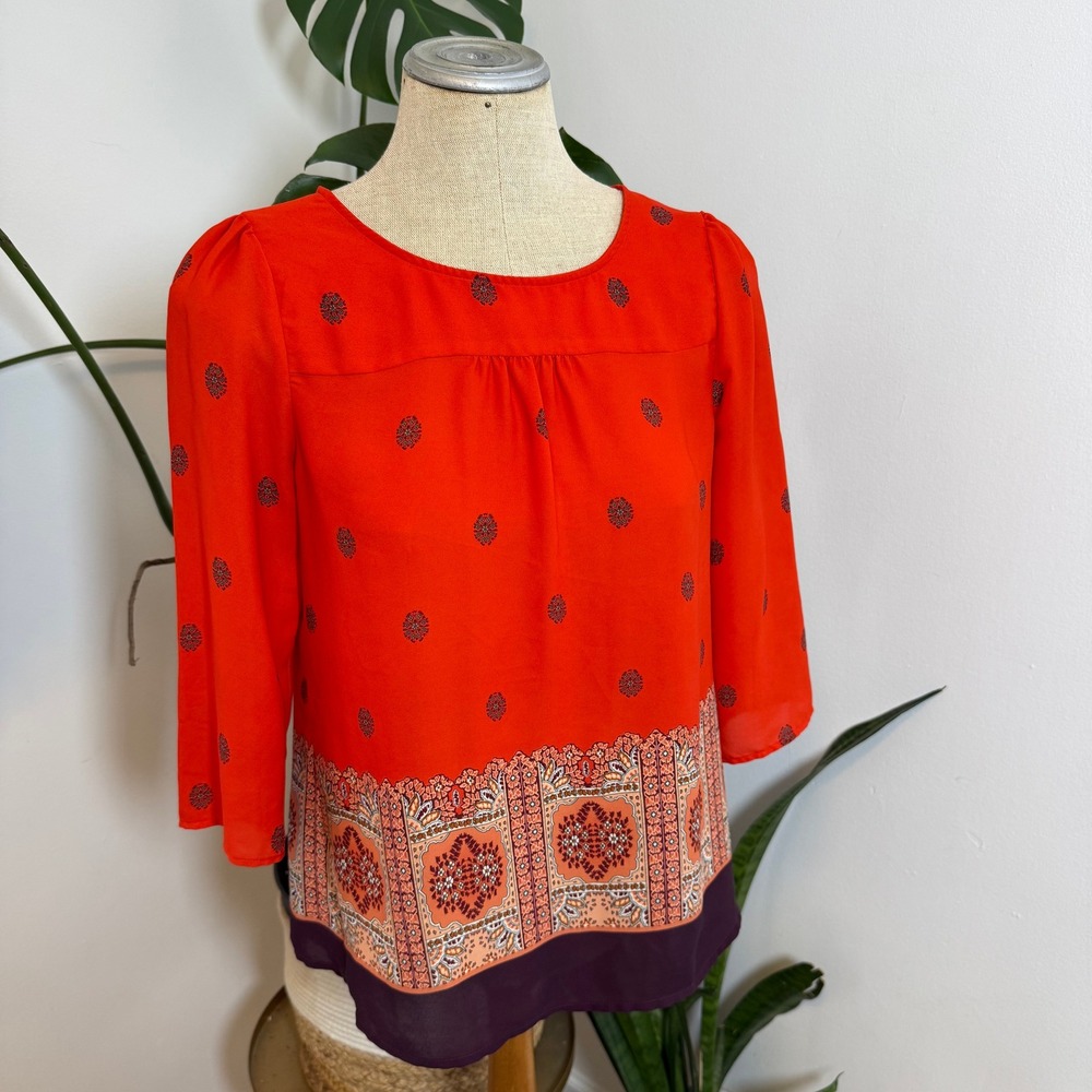 Maeve Anthropologie Medallion Border Print Blouse 6 Orange Red Excellent Womens